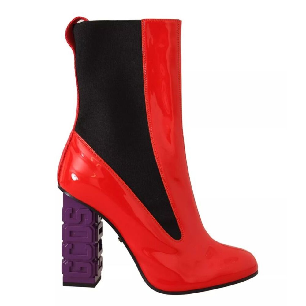 GCDS Red Leather Black Fabric Logo Heel Ankle Boots Women's Shoes